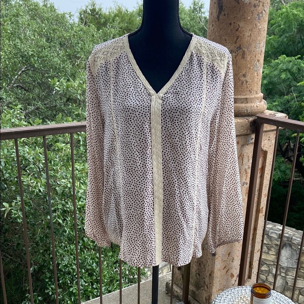 Polka Dot Long Sleeve Buttoned Silk V-Neck Blouse Sz Large